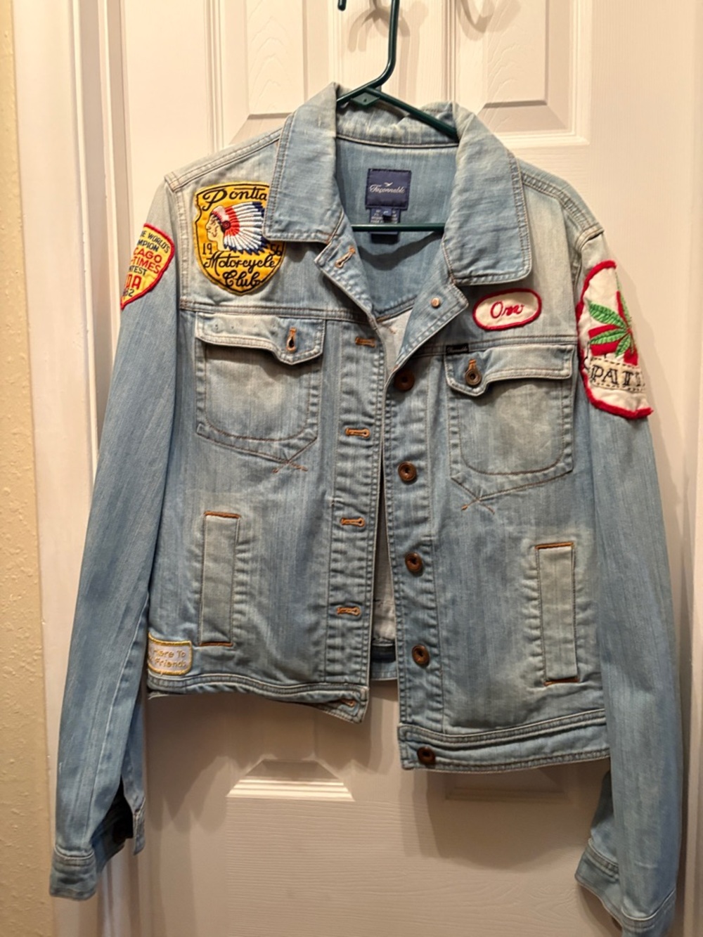 Vintage Denim Jacket  Patches vote, cannabis, bowling, motorcycle, Large unisex